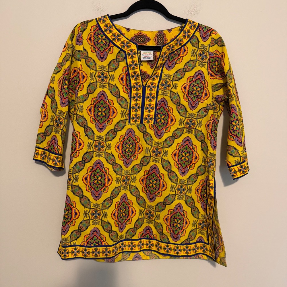 Gretchen Scott tunic top M cotton artsy abstract resortwear vacation casual boho